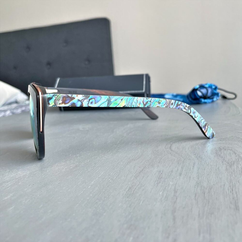 SLYK SHADES Bombshell Abalone & Wood Sunglasses Ice Blue Mirror Polarized Lenses - Picture 6 of 11